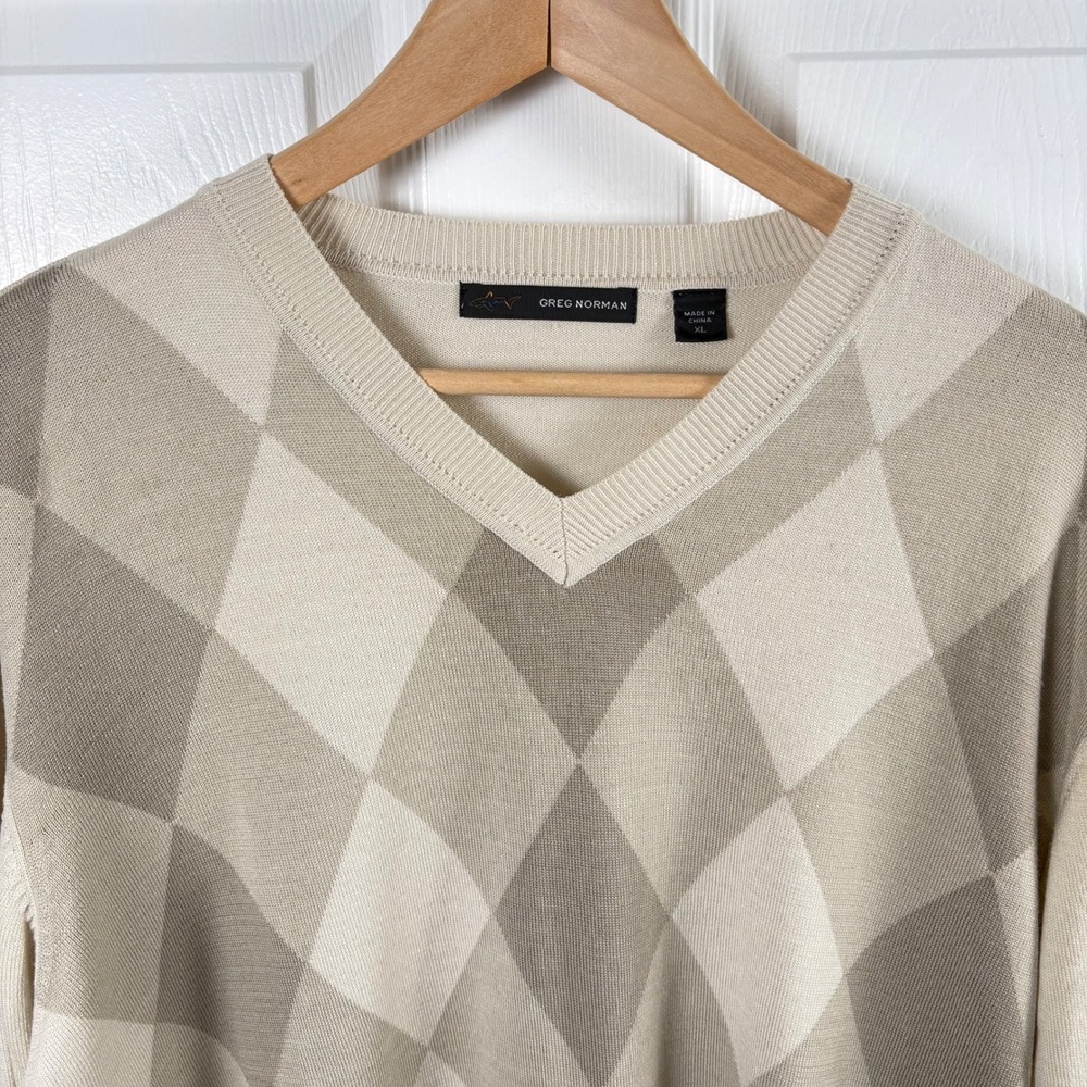Greg Norman Argyle V-Neck Sweater Beige 100% Wool Men's XL Golf Grandpa READ‎ - Picture 3 of 9